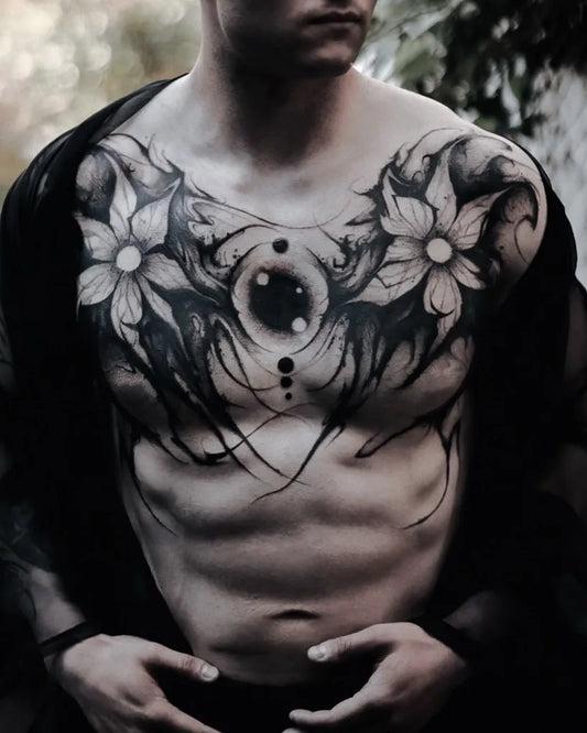 Big Blackwork Flowers and Eye on Men Chest Tattoo by @darkflow_yousun