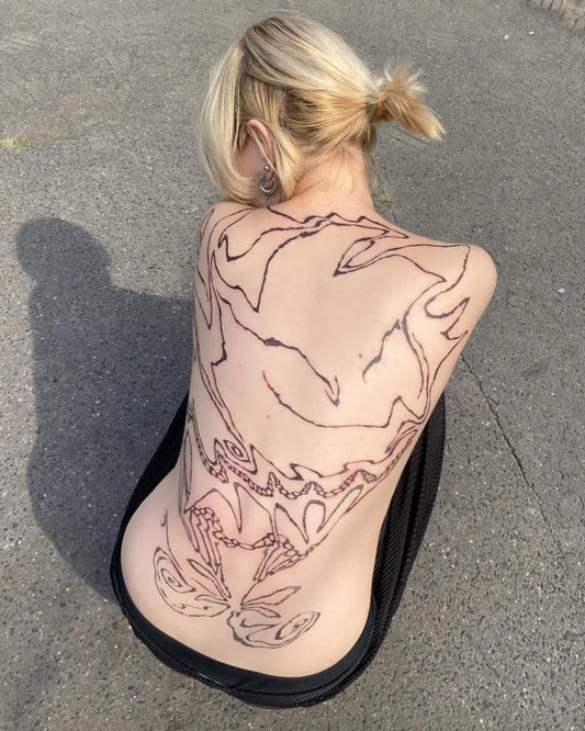 Big Blackwork Flowers and Flames on Women Back Tattoo by @supermarketkovitost