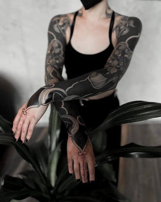 Big Blackwork Flowers and Snakes on Women Arm Sleeve Tattoo by @diamante_murru