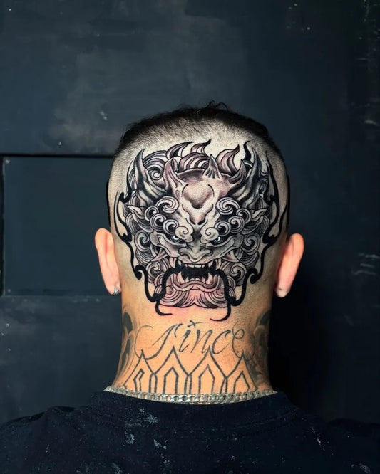 Big Blackwork Foo Dog Tattoo on Men Head by @seanonthelawn_tattoo
