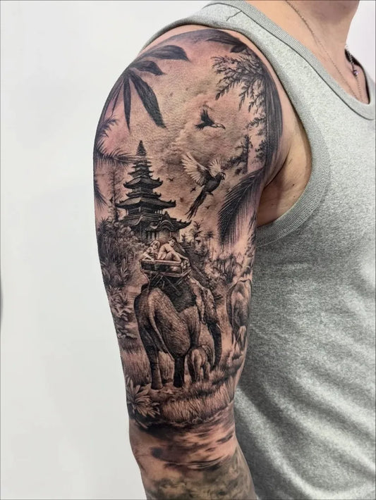 Big Blackwork Forest Elephant Birds on Men Arm Tattoo by @diegomadafa