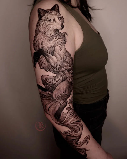 Big Blackwork Fox Tattoo on Women Arm by @she_is