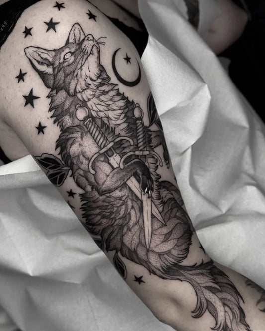 Big Blackwork Fox with Swords and Crescent Moon Tattoo on Women Thigh by @gala_jenkins