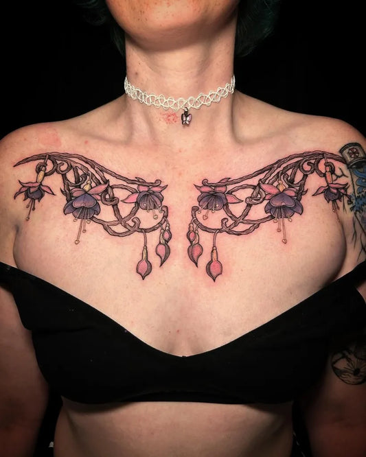 Big Blackwork FuchsiaVines Tattoo on Women Collarbone by @loons_tattoo
