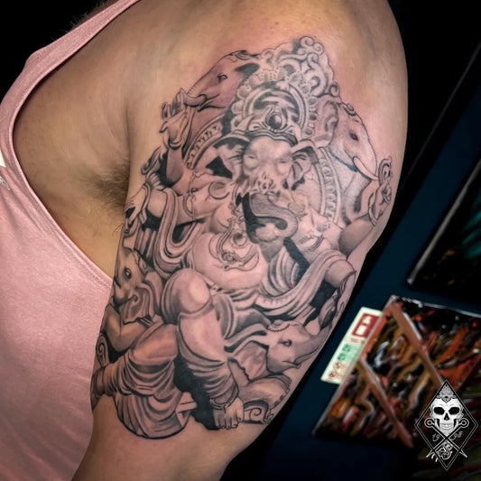 Big Blackwork Ganesha on Men Arm Religious Tattoo by @blackdaggertattoonorwich