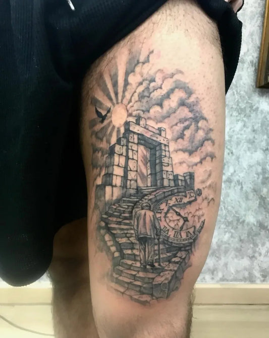 Big Blackwork Gate with Stairs on Men Thigh Tattoo by @bangkok_tattoo_studio
