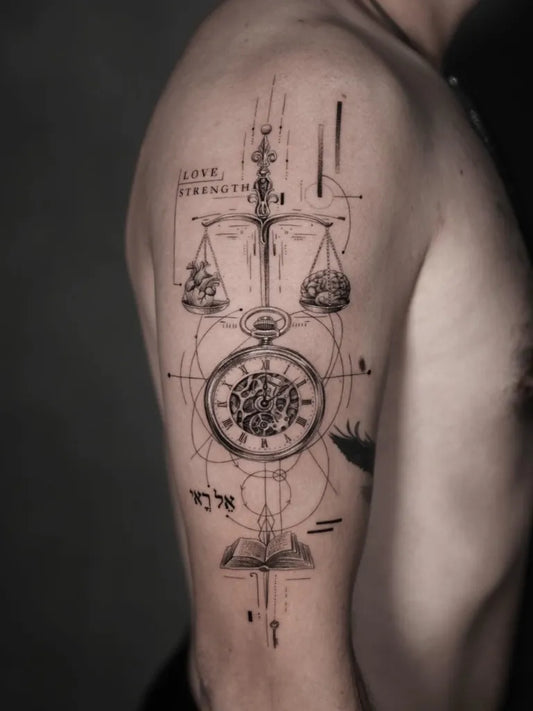 Big Blackwork Geometric Clock and Scales Tattoo on Men Upper Arm by @andre_art_n_tattoo
