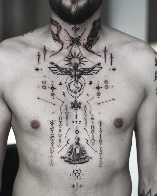 Big Blackwork Geometric Mandala and Winged Figure Spiritual Tattoo on Men Chest by @xsonseven