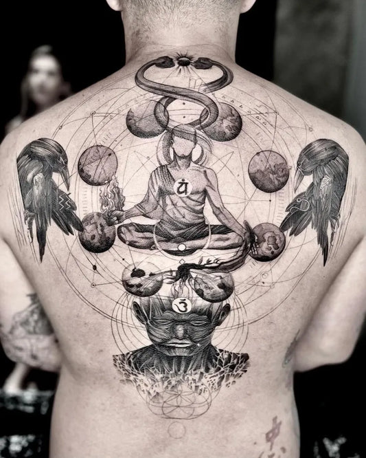 Big Blackwork Geometric Mandala with Buddha and Ravens Spiritual Tattoo on Men Back by @hood.seven.guests