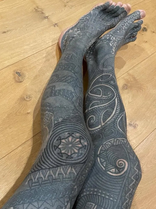 Big Blackwork Geometric Patterns Tattoo on Women Legs by @whiteonblacktattoo