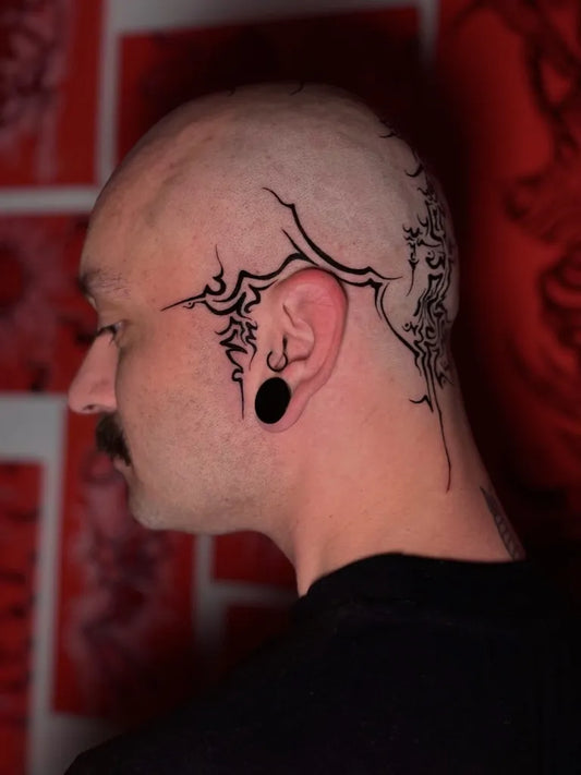 Big Blackwork GeometricLines Tattoo on Men Head by @yagmur.ttum
