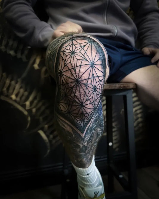 Big Blackwork GeometricLines Tattoo on Men Knee by @inksmithtattooclonmel_official