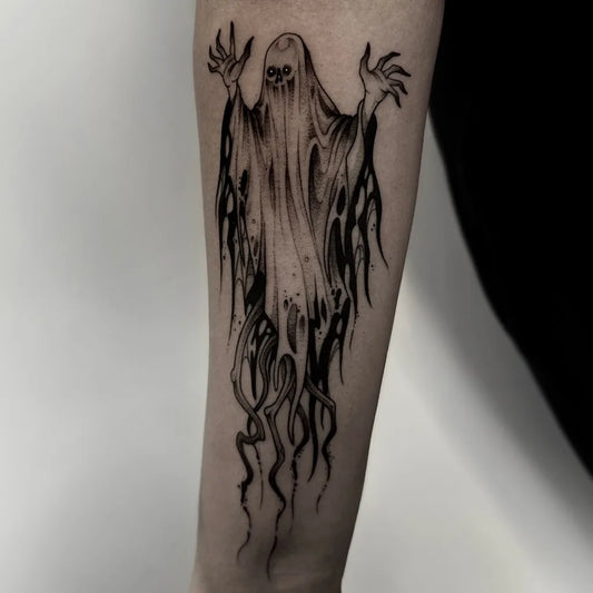 Big Blackwork Ghost Tattoo on Men Arm by @thestationink