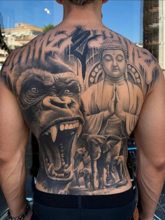 Big Blackwork Gorilla Buddha Tattoo on Men Back by @tanti.tnt