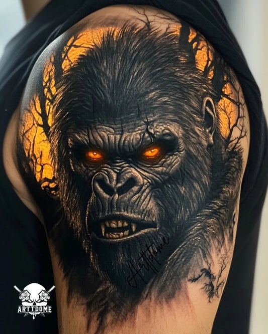 Big Blackwork Gorilla with Glowing Eyes and Trees Tattoo on Men Shoulder by @arttdome