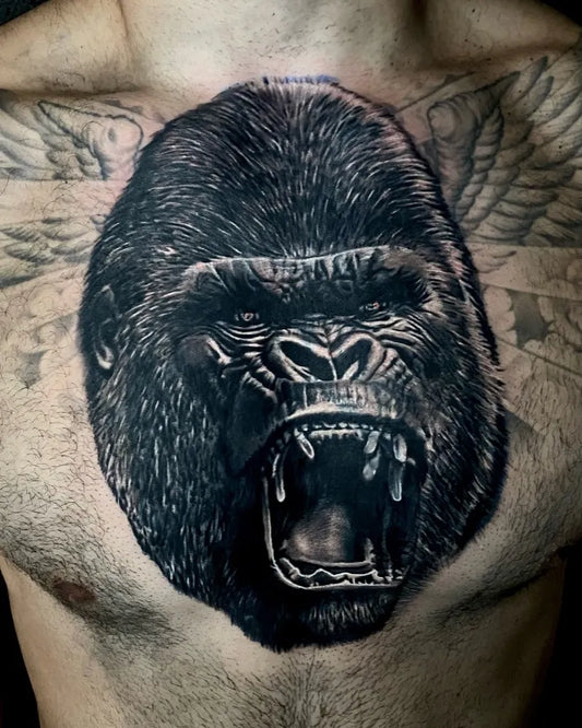 Big Blackwork Gorilla with Wings Tattoo on Men Chest by @bigwes_tattoo