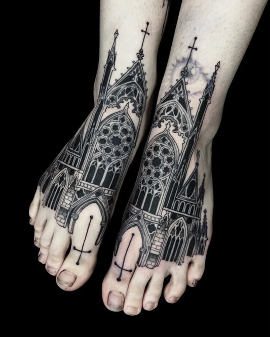 Big Blackwork Gothic Cathedral Tattoo on Women Foot by @needle.mistress