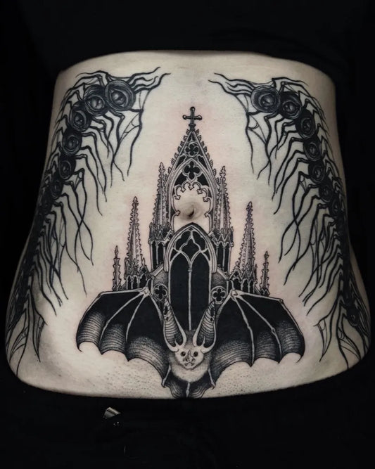 Big Blackwork Gothic Church Bat Tattoo on Women Stomach by @needle.mistress