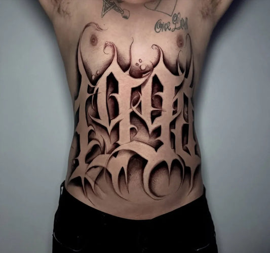 Big Blackwork Gothic Letters Number Tattoo on Men Torso by @vibrationss_