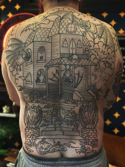 Big Blackwork Gothic Mansion with Dragons on Men Back Tattoo by @josh_todaro