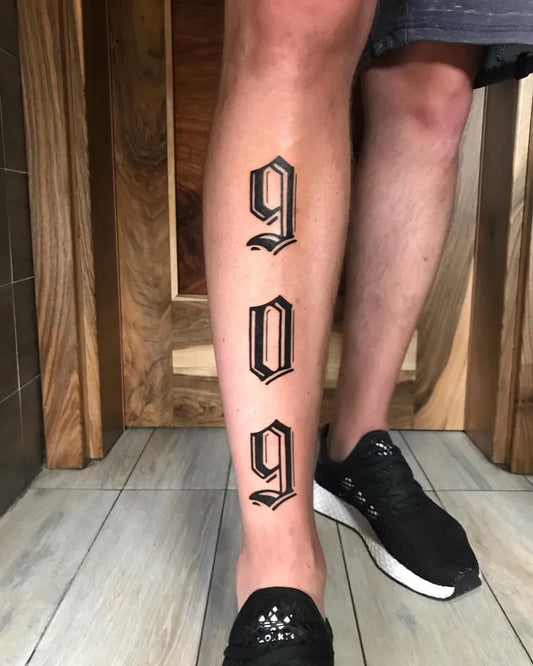 Big Blackwork Gothic Numbers Tattoo on Men Leg by @kopuz_ink