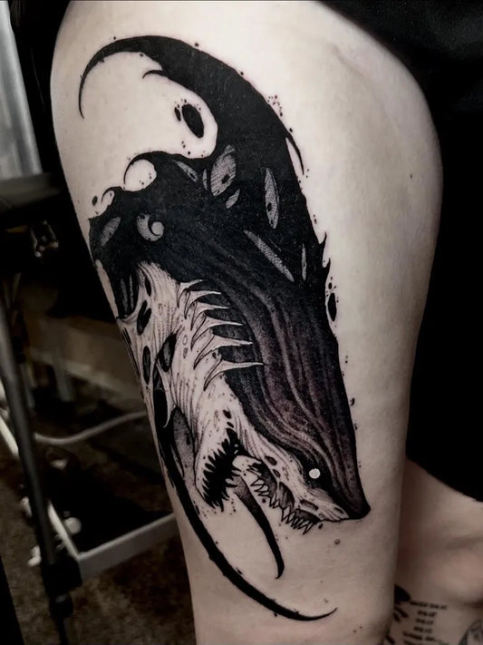 Big Blackwork Great White Shark on Women Thigh Tattoo by @unam_noir