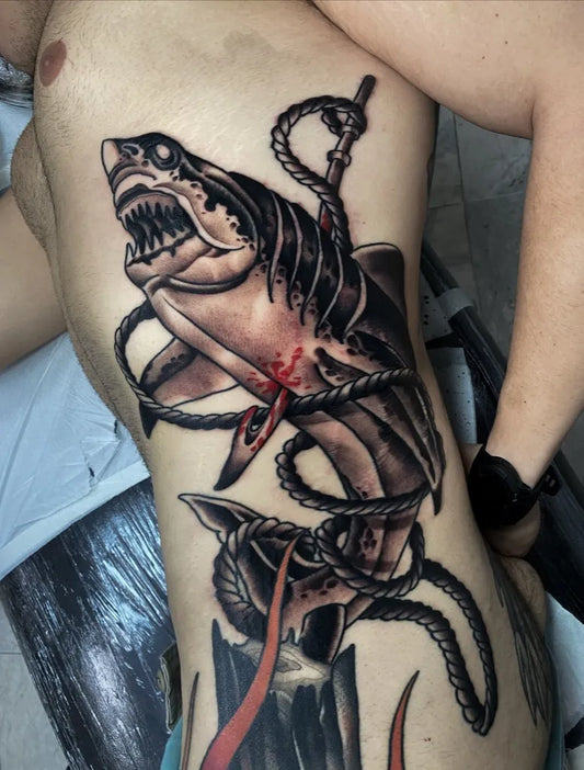Big Blackwork Great White Shark with Rope and Tentacles on Men Ribside Tattoo by @devour_tattoos
