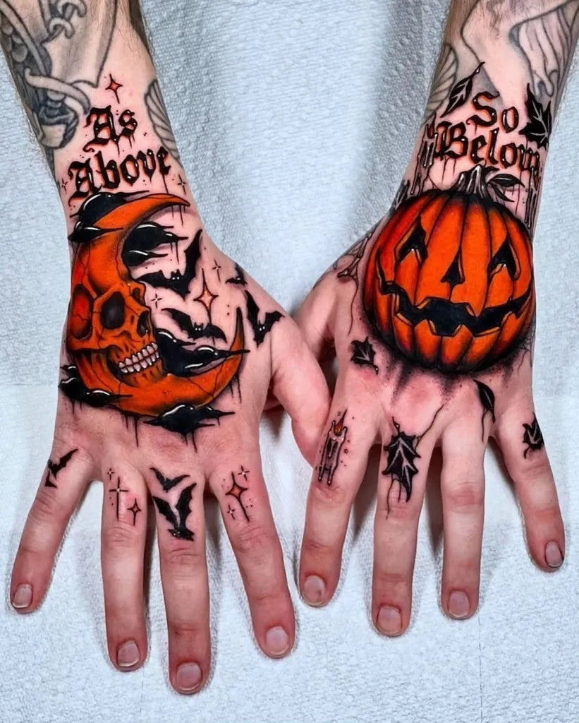 Orange Blackwork Halloween Moon Skull Pumpkin Bats Tattoo on Men Hands by @arttwork7