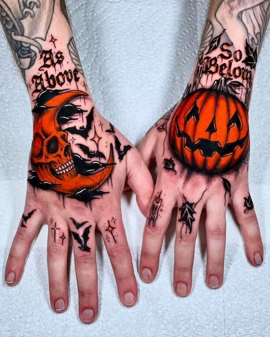 Orange Blackwork Halloween Moon Skull Pumpkin Bats Tattoo on Men Hands by @arttwork7