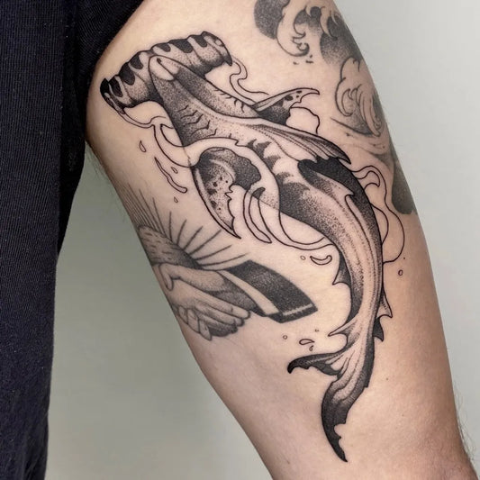 Big Blackwork Hammerhead Shark on Men Arm Tattoo by @saraafterdawn
