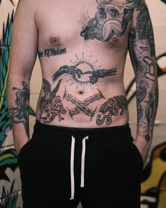 Big Blackwork Hand Cross Angel Tattoo on Men Stomach by @nanakidme