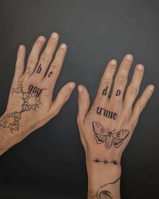 Big Blackwork Hand Tattoos with Moth and Text on Men Hands Tattoo by @lofi_peaks