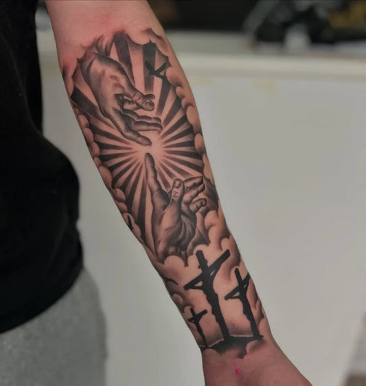 Big Blackwork Hands Crosses on Men Arm Religious Tattoo by @tattsbynessa