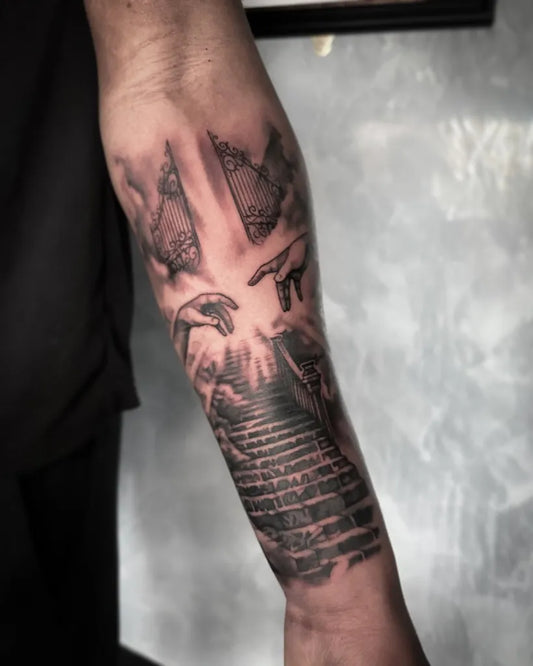 Big Blackwork HandsofGodStairwaytoHeaven on Men Arm Tattoo by @arkid_tattoo