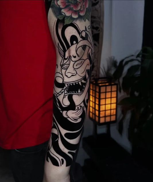 Big Blackwork Hannya Mask Tattoo on Men Arm by @moncada_ink