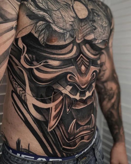 Big Blackwork Hannya Mask Tattoo on Men Stomach by @selinasalemtattoo