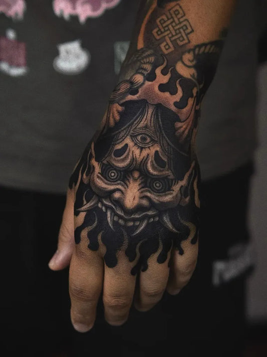Big Blackwork Hannya Mask with Flames and Symbols Tattoo on Men Forearm by @blxcoxttt