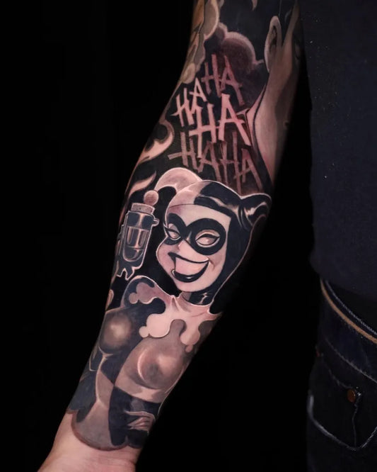 Big Blackwork Harley Quinn Tattoo on Women Arm by @ct_ta2