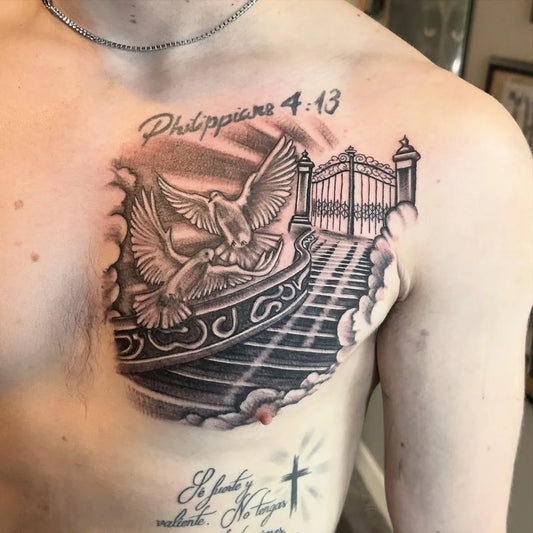 Big Blackwork Heaven Gates Doves Stairs on Men Chest Religious Tattoo by @verydopeart