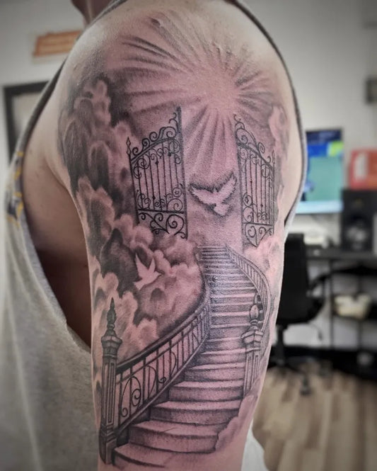 Big Blackwork Heaven Gates Stairs Dove on Men Arm Religious Tattoo by @rainstattooco