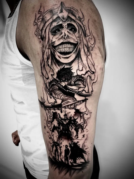 Big Blackwork Hooded Figure with Demon and Battle Scene Tattoo on Men Upper Arm by @rl_illustrations