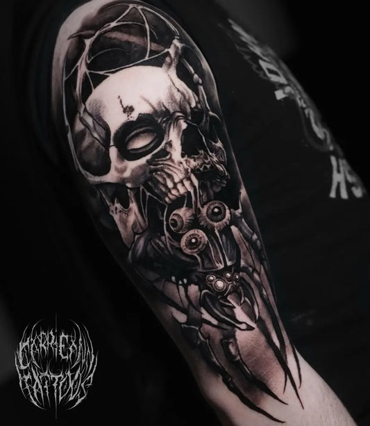 Big Blackwork Horrific Skulled Spider Tattoo on Men Upper Arm by @carrie_ann_tattoos