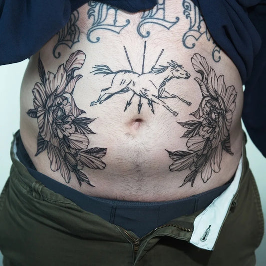 Big Blackwork Horse and Peonies Tattoo on Men Stomach by @hiralupe_tattoo