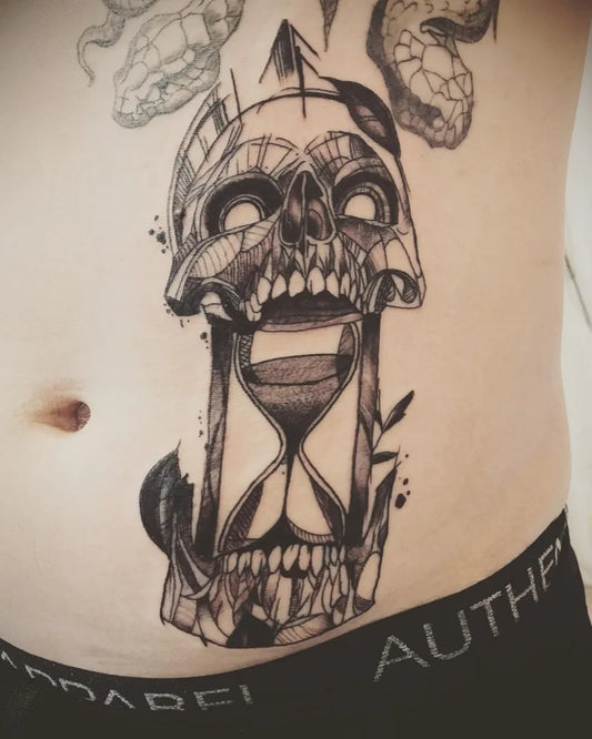 Big Blackwork Hourglass and Skull Tattoo on Men Torso by @macks_pain_tattoo_shop