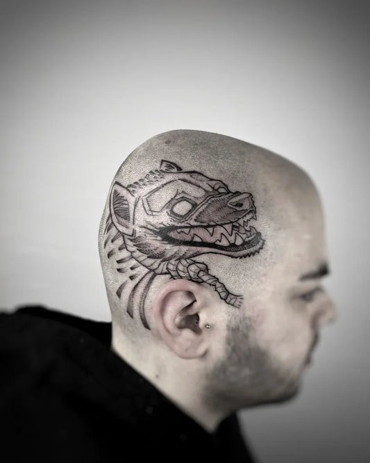 Big Blackwork Hyena Head Tattoo on Men Head by @bunnykingx