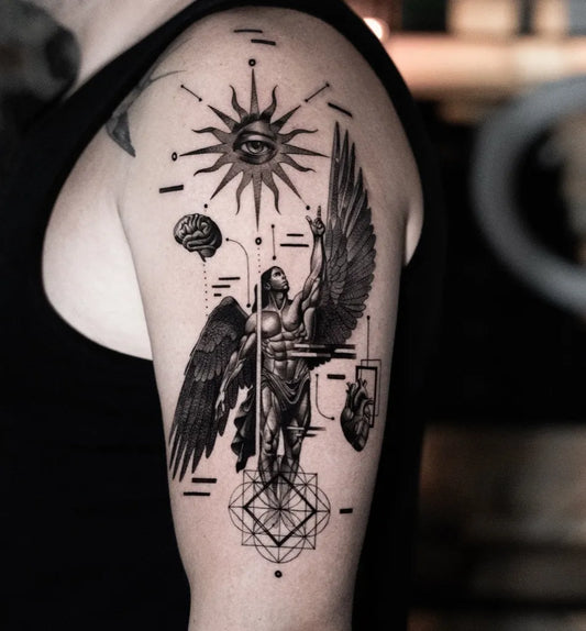 Big Blackwork Icarus Angel Brain on Men Arm Tattoo by @kagehana.tattoo