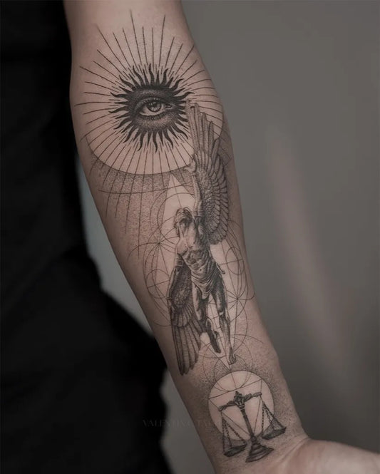 Big Blackwork Icarus Angel Scales on Men Arm Tattoo by @valentin.c.tattoos