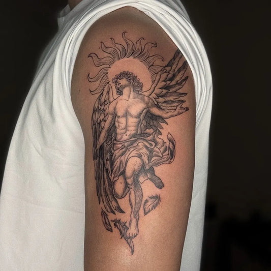 Big Blackwork Icarus Angel on Men Shoulder Tattoo by @kristattooten