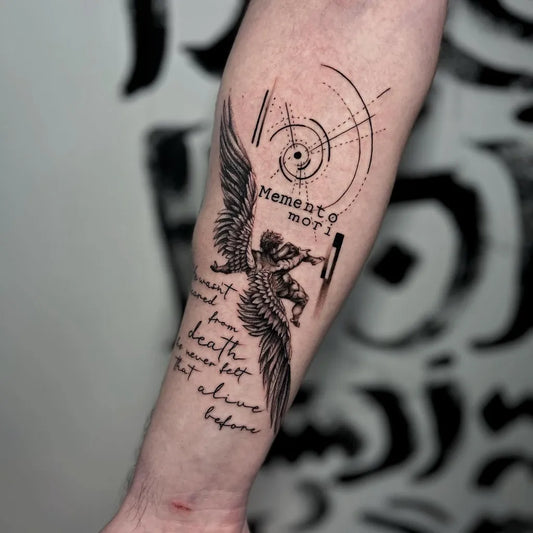 Big Blackwork Icarus Angel with Memento Mori Text on Men Arm Tattoo by @docktattoonyiregyhaza