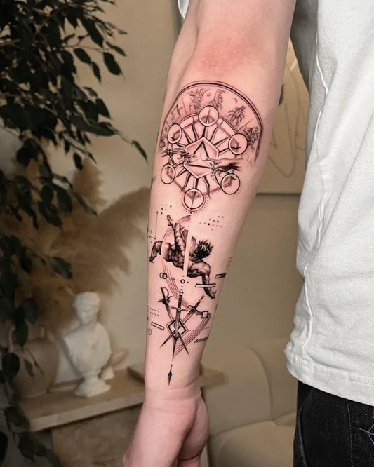 Big Blackwork Icarus Compass and Clock on Men Arm Tattoo by @deos__tt